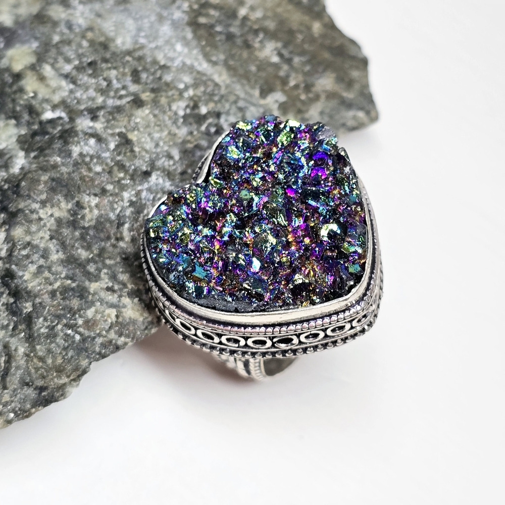 Titanium Druzy Quartz Heart Ring Size 8 Hand Crafted 925 Sterling Silver Overlay - Picture 3 of 7